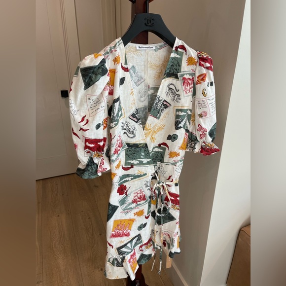 Reformation Carmelo Linen Wrap Mini Dress in Vacaciones Size XS - Picture 5 of 13